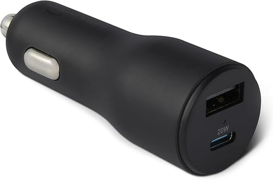 Amazon Basics Fast-Charging Car Charger, Dual-Port, 1 USB-C + 1 USB-A, 32W, Multi-Device Compatibility, Safety Features, Black
