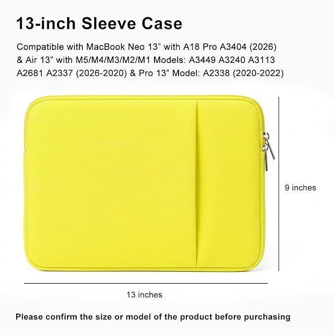 Laptop Sleeve for MacBook Neo/Air/Pro 13 inches A18/M5/M4/M3/M2/M1 Chip 2026-2020 A3404 A3449 A3240 A3113 A2681 A2337 A2338 with 2 Pockets Tablet Bag Case Accessories (Yellow)