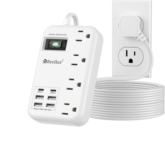 Beeiker 6 USB(2 USB C) Surge Protector Power Strip- 10 Ft Extension Cord with 24W USB Charging Station and 4 Outlets, Long Flat Extension Cord with Multiple Outlets for Travel Home Office Dorm White
