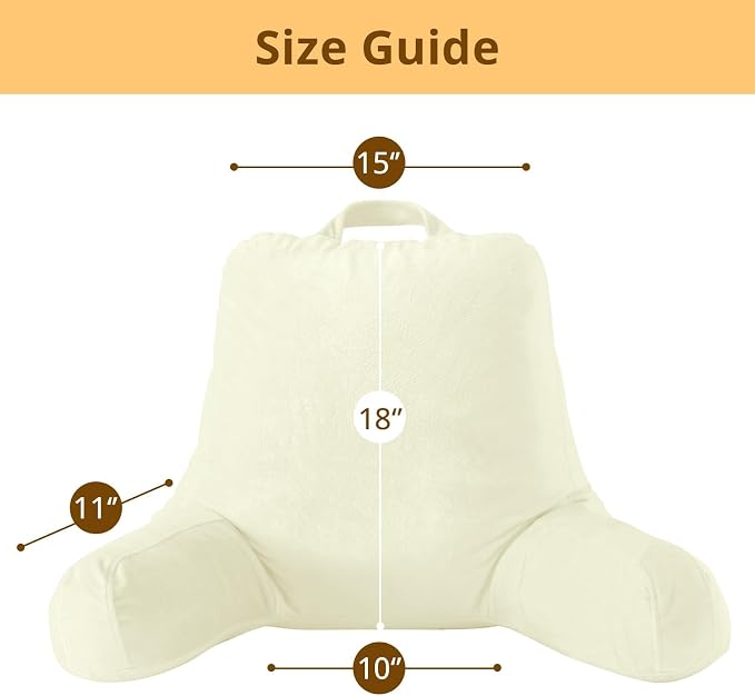 Sasttie Reading Pillow, Velvet Back Pillow for Bed Sitting Up, Adult Back-Rest Support Cushion with Arms for Sit Up on Couch, Sofa, and Floor, Dorm Essentials, Reading Accessories, Cream