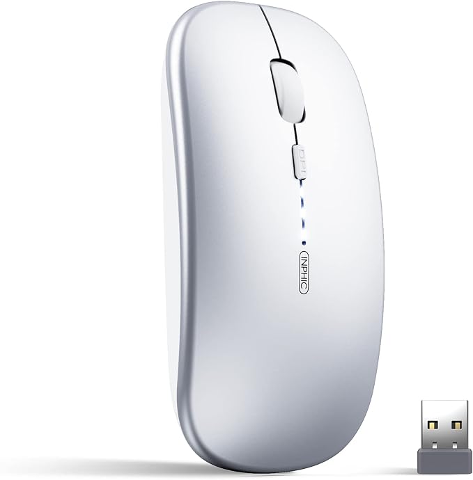 INPHIC Bluetooth Mouse Rechargeable, Battery Visible, 2.4G Silent Cordless,1600 DPI with USB Receiver, Silver