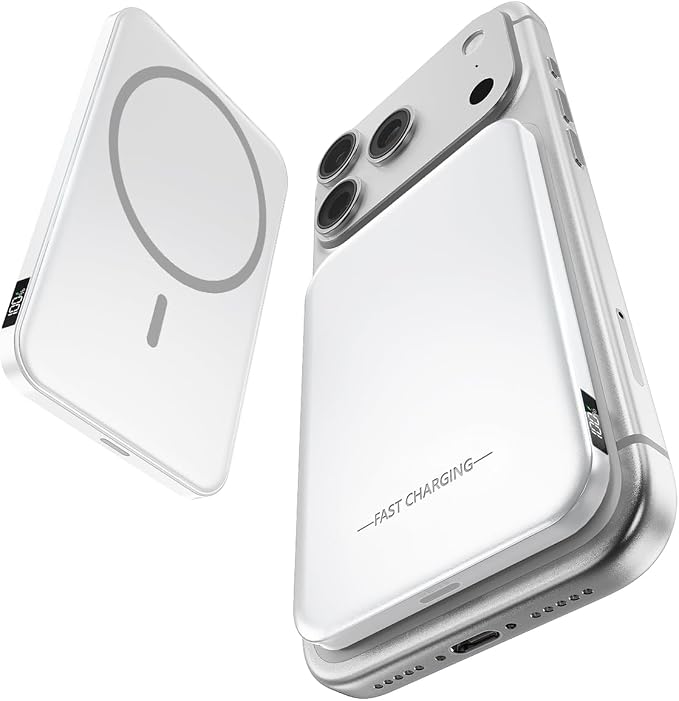 Aobbow Magnetic Portable Charger, 5000mAh Ultra Slim Power Bank, 15W Fast Charging for Magsafe Battery Pack, Travel Essential Wireless Charger Compatible with iPhone 17/16/15 Series - Pearl White