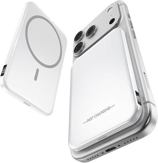 Aobbow Magnetic Portable Charger, 5000mAh Ultra Slim Power Bank, 15W Fast Charging for Magsafe Battery Pack, Travel Essential Wireless Charger Compatible with iPhone 17/16/15 Series - Pearl White
