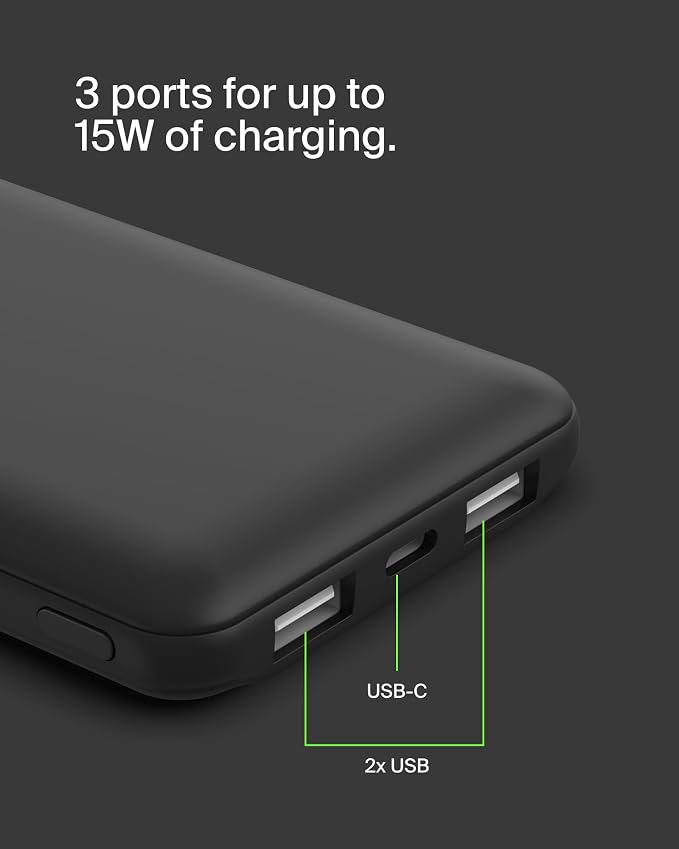 Belkin Portable Charger - 15W 3 Port Power Bank Battery Pack with 10000mAh Battery - Fast Charging for iPhone, Samsung Phone, More - USB C to A Cable Included