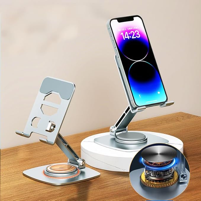 Swivel Phone Tablet Stand for Desk,[360° Rotation] Portable & Foldable Cell Phone Tablet Stand, Office Desk Accessories for iPhone 17 16 15 14 Pro Max Air, Galaxy S25-Silvery