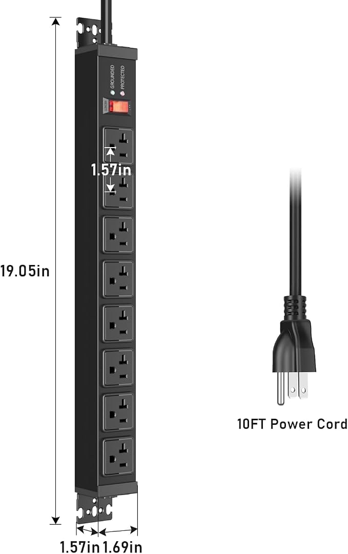 JUNNUJ 20 Amp Power Strip Surge Protector 4800J, Heavy Duty 8 Outlet Metal Multi Angle Mount, 20A Garage Power Strip Shop 6-20R T-Slot, 5-15P Plug 12 Gauge Extension Cord 6ft for Appliance