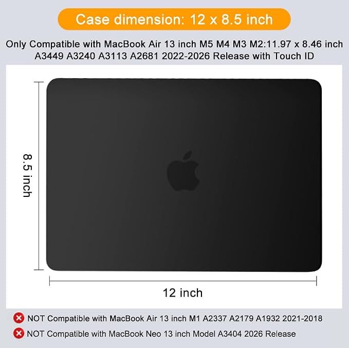 MOSISO Compatible with MacBook Air 13 inch Case M5 2026 M4 2025 M3 M2 2024-2022 A3449 A3240 A3113 A2681, Hard Shell&Keyboard Cover&Screen Film&Type C for MacBook Air 13.6 inch Case, Black