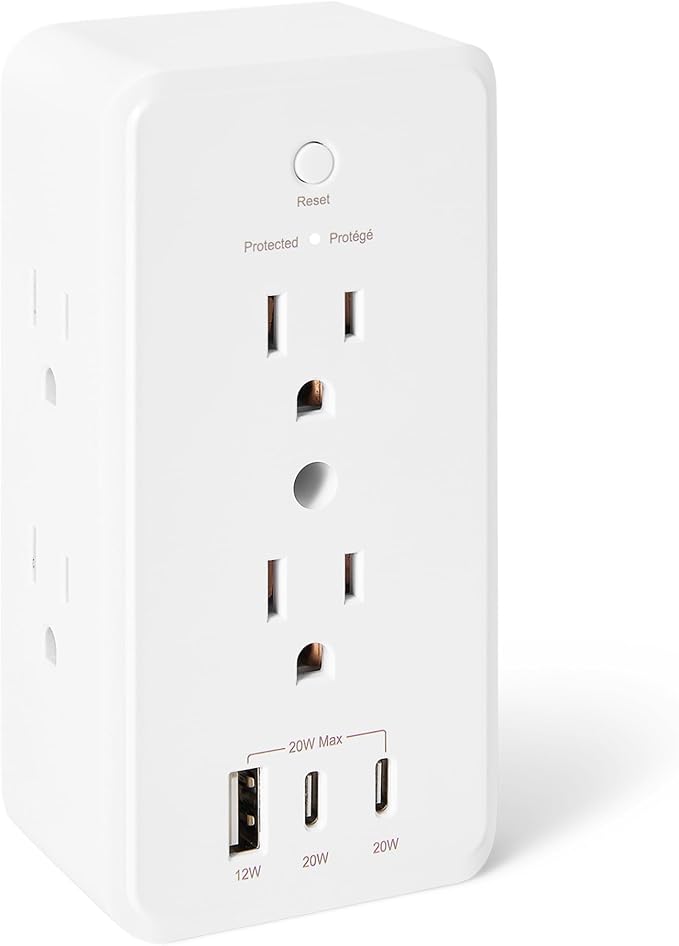 Amazon Basics Wall Mount Surge Protector Power Strip with 9-in-1 Hub, 1080 Joules, 6 AC Outlets, 1 USB-A and 2 USB-C (20W Fast Charging), White