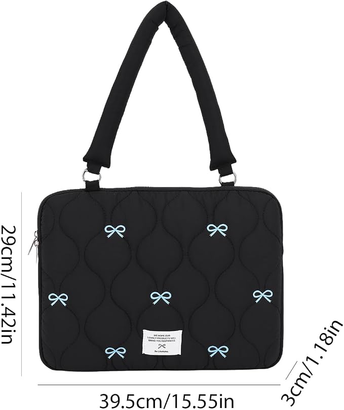 Cute Bow Laptop Case Coquette 13-15 Inch Puffy Laptop Sleeve Accessories Aesthetic Quilted Computer Bag for MacBook (Black 1, 15-15.6)