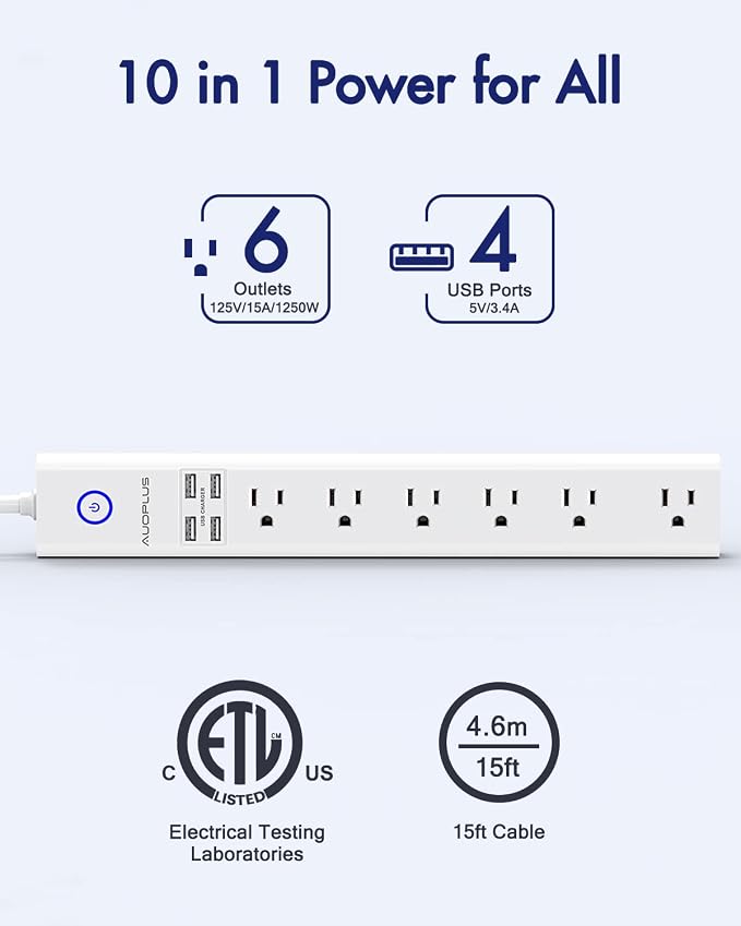 15 Ft Power Strip Surge Protector, 6 Outlets and 4 USB Ports, Flat Plug Power Strips Long Extension Cord with Overload Protection, Wall Mount for Home, Office, Dorm, ETL Listed