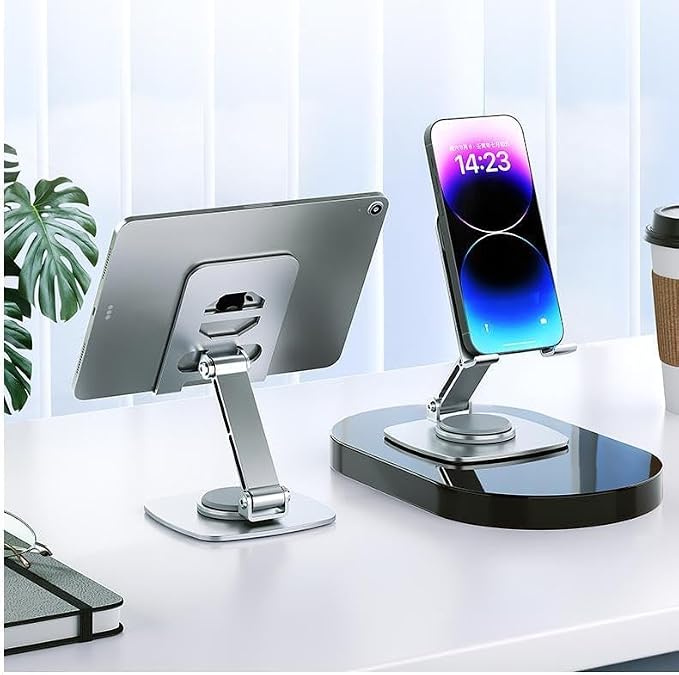 Swivel Phone Tablet Stand for Desk,[360° Rotation] Portable & Foldable Cell Phone Tablet Stand, Office Desk Accessories for iPhone 17 16 15 14 Pro Max Air, Galaxy S25-Silvery
