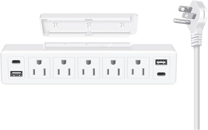 40W Under Desk Power Strip Mountable,20W USB-C Fast Charging Flat Plug Power Strip Surge Protector 1200J,9 in 1 Desk Outlet,5 Outlets,2 USB-C,2 USB-A,6FT Extension Cord White