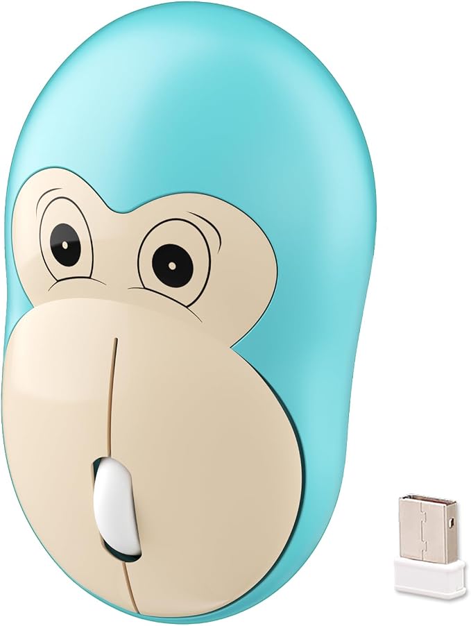 Lomiluskr Cute Monkey Wireless Mouse, Silent Mice, 2.4G Wireless Mice, Candy Colors, Kawaii Mouse for Girls and Kids (Light Blue Monkey)