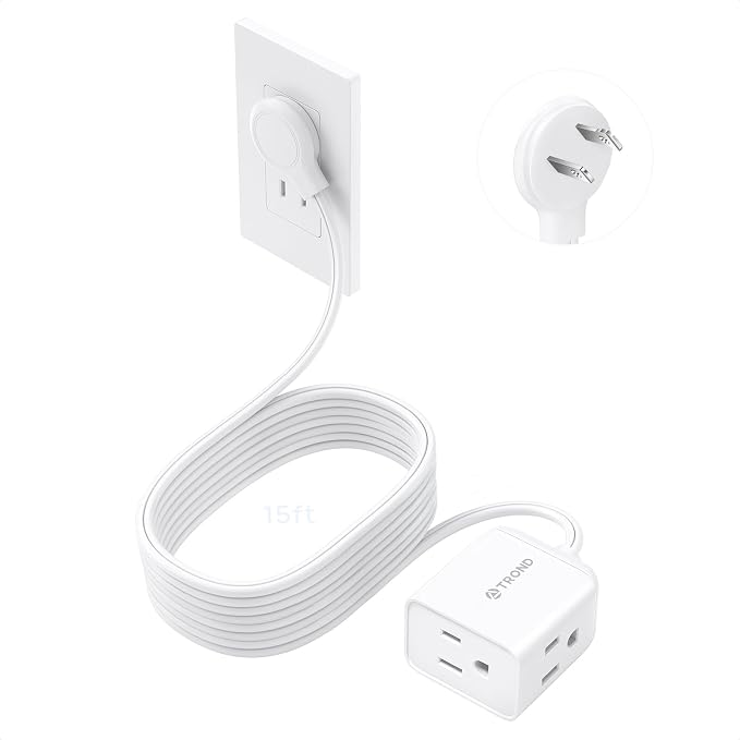 TROND Indoor 2 Prong to 3 Prong Extension Cord - Polarized Flat Plug 3 Outlet Extension 15ft, 16 Gauge Cable, 1625W for Non-Ground Socket in Old House School Home Office Kitchen Dorm Room, White