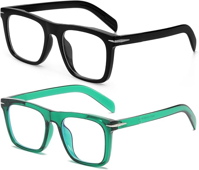 Trendy Square Blue Light Blocking Glasses for Men Women, Fashion Frame Non-prescription Computer Glasses (Black+Green)