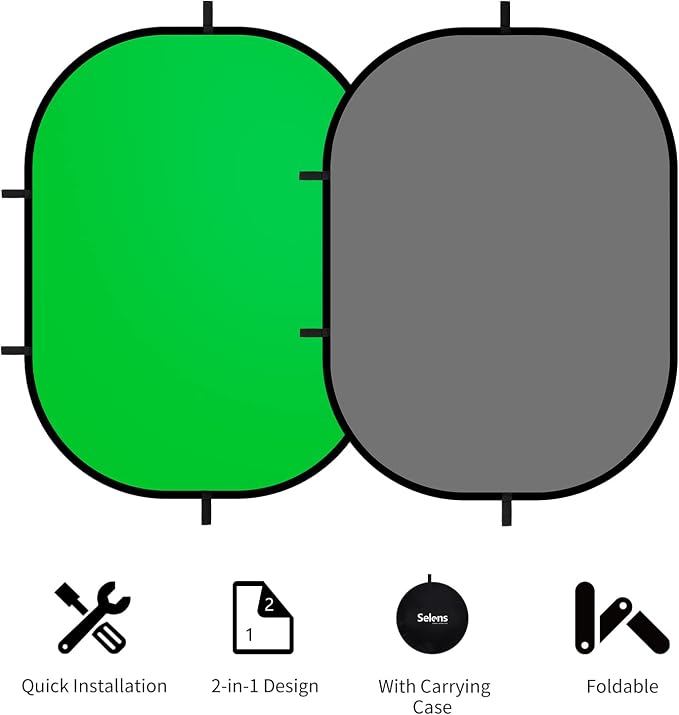 Selens Small Collapsible Backdrop Double-Sided Grey Green Screen 2-in-1 Pop Up Background with Carrying Bag for YouTube Streaming, Product Photography and Zoom Virtual Video, 39x59inches /1m×1.5m