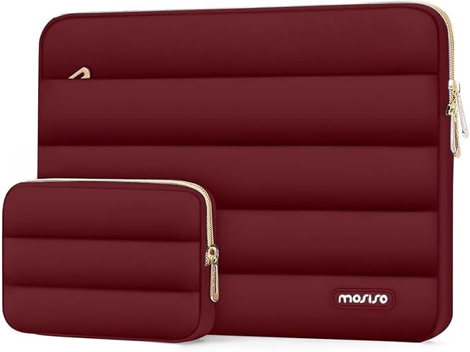 MOSISO Laptop Case 16 inch, 15-15.6 inch Puffy Laptop Sleeve Compatible with MacBook Pro 16 M5 M4 M3 M2 M1, HP Dell ASUS Acer Toshiba Lenovo, Polyester Horizontal Bag with Small Case, Red