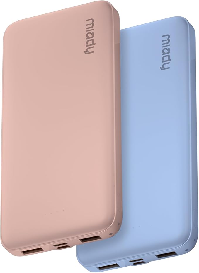Miady 2-Pack Portable Charger, Slim 10000mAh Power Bank Travel Battery Pack 3 Outputs 2 Inputs Compatible with iPhone 17/16/15/14/13 Galaxy S24/22 iPad Android etc (Blue+Pink)