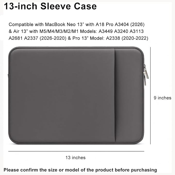 Laptop Sleeve for MacBook Neo/Air/Pro 13 inches A18/M5/M4/M3/M2/M1 Chip 2026-2020 A3404 A3449 A3240 A3113 with 2 Pockets Tablet Bag Case Accessories