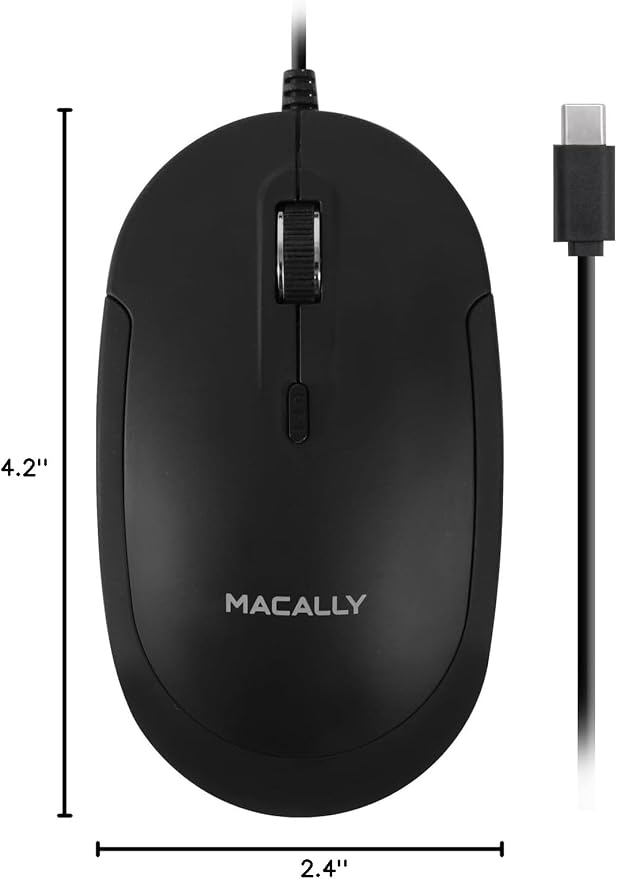 Macally Wired USB C Mouse for Mac and PC - Slim, Quiet, and Reliable - 4 DPI Mode Type C for Laptop, MacBook Pro/Air, iMac - Wired Mice USBC