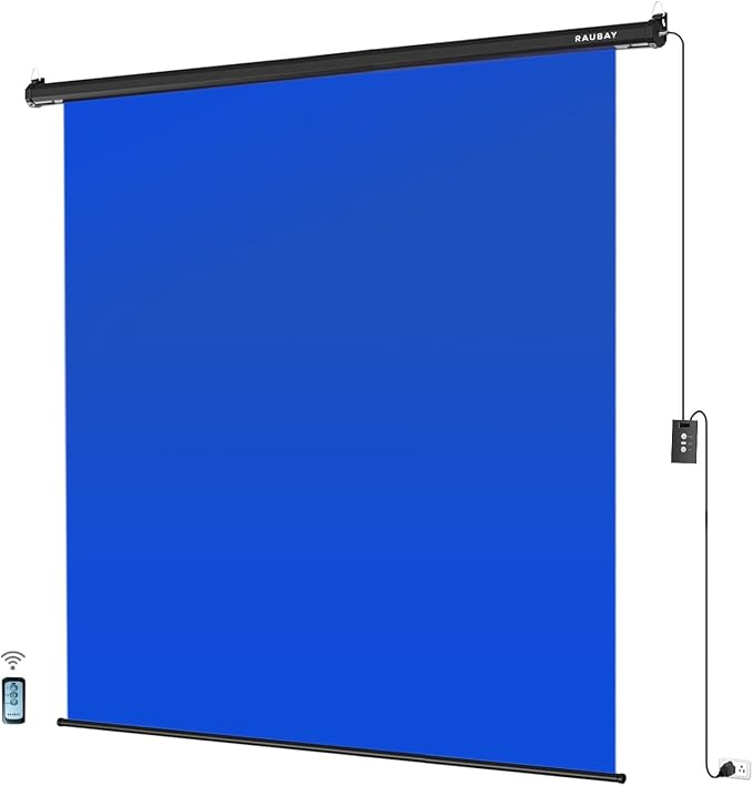 RAUBAY Motorized Pull Down Blue Screen - 78.7" x 86.6" Collapsible Wall-Mount Background for Professional Video Production, Chroma Key Backdrop for YouTube, TikTok, Streaming, Video Conferencing