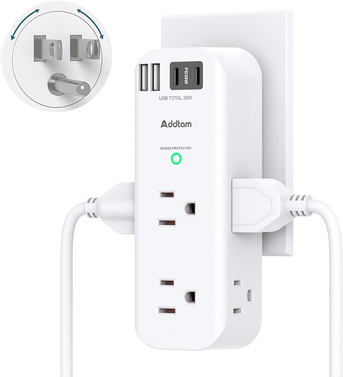Addtam 30W USB C Outlet Extender Surge Protector, Rotating Plug, 6 AC Outlets Splitter, 4 USB Ports (2 USB-C), 1800J Wall Mount Power Strip, 3-Side Multi Plug for Dorm, Travel Essentials