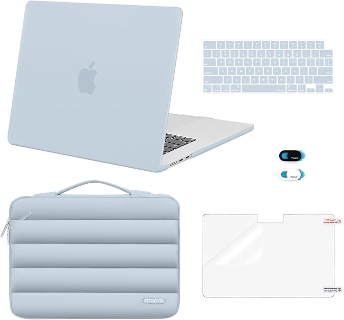 MOSISO Compatible with MacBook Air 15 inch Case M5 2026 M4 2025 M3 2024 M2 2023 A3448 A3241 A3114 A2941, Plastic Hard Shell Case&Puffy Sleeve Bag&Keyboard Skin&Webcam Cover&Screen Film, Baby Blue