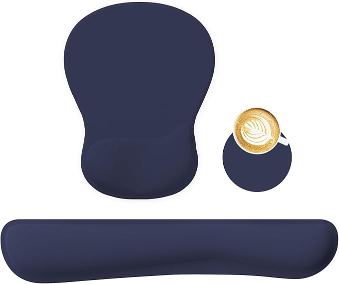 RICHEN Wrist Rest Support for Mouse Pad&Keyboard Set with Coaster,Concave Curved Memory Foam, Non-Slip Base Pain Relief Comfortable Easy Typing Pad for Home/Office (Navy Blue)