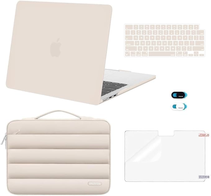 MOSISO Compatible with MacBook Air 13 inch Case M5 2026 M4 2025 M3 M2 2024-2022 A3449 A3240 A3113 A2681, Hard Case&Puffy Bag&Keyboard Cover&Webcam Cover&ScreenFilm for MacBook Air 13.6, Sand