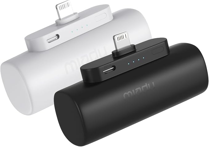Miady 2-Pack Mini Portable Charger Built-in Connector for iPhone 14/13 Series, 5000mAh Small Power Bank 5V 2.1A Output Ultra-Compact Battery Pack Compatible with iPhone 12/11/XR etc Not for Android