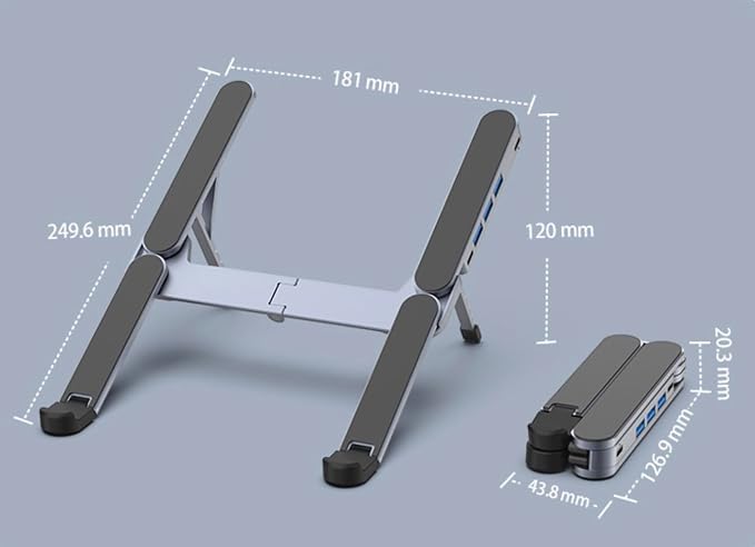 YUATAUY Ultra Compact Laptop Stand with 4 USB Ports, USB Hub for Desk, Foldable Portable for Travel, Library, Home, Office, Cafe, 6-Level Ergonomic Adjustable Aluminum Holder for 10-16" Laptops