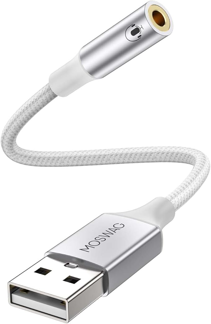 MOSWAG USB to 3.5mm Jack Audio Adapter,USB to Aux Cable with TRRS 4-Pole Mic-Supported Computer Headphone Microphone AUX Adapter External Sound Card for Laptop PC PS4 PS5 (0.65Feet/20cm, White)