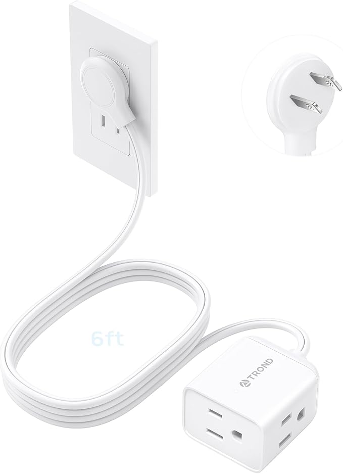 TROND Indoor 2 Prong to 3 Prong Extension Cord - Polarized Flat Plug 3 Outlet Extension 6ft, 16 Gauge Cable, 1625W for Non-Ground Socket in Old House School Home Office Kitchen Travel, White