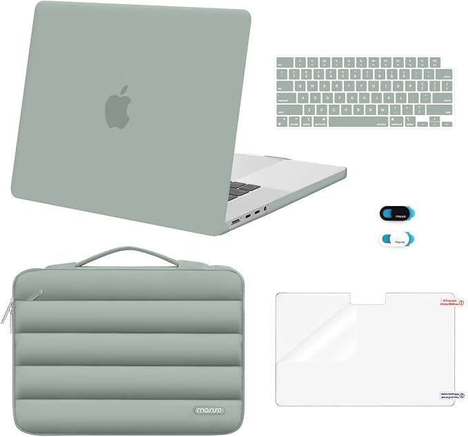 MOSISO Compatible with MacBook Pro 16 inch Case M5 M4 M3 M2 M1 2026-2021 A3429 A3428 A3403 A3186 A2991 A2780 A2485, Shell&Puffy Sleeve Bag&Keyboard Cover&Webcam Cover&Screen Protector, Antique Green