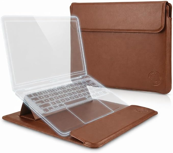 Brown Premium Laptop Sleeve 14-15.6 Inch ONLY MacBook Pro Air 15 Dell XPS HP Envy Lenovo ThinkPad Surface Waterproof PU Leather Stand Mouse Pad Business, Not for 11-13”