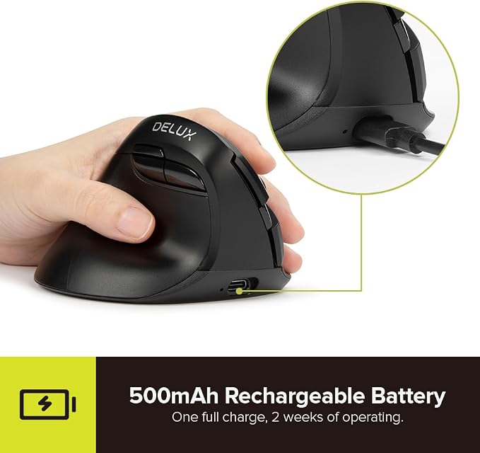 DELUX Left Handed Ergonomic Mouse, Mini Wireless Vertical Mouse, Silent Click Ergonomic Mouse, Up to 4000 DPI, 6 Buttons, Rechargeable, Bluetooth/2.4G/ Wired, Tri-Mode for Laptop/PC (M618ZD-Black)