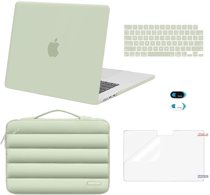 MOSISO Compatible with MacBook Air 15 inch Case M5 2026 M4 2025 M3 2024 M2 2023 A3448 A3241 A3114 A2941, Plastic Hard Shell Case&Puffy Sleeve Bag&Keyboard Skin&Webcam Cover&Screen Film, Sage Green