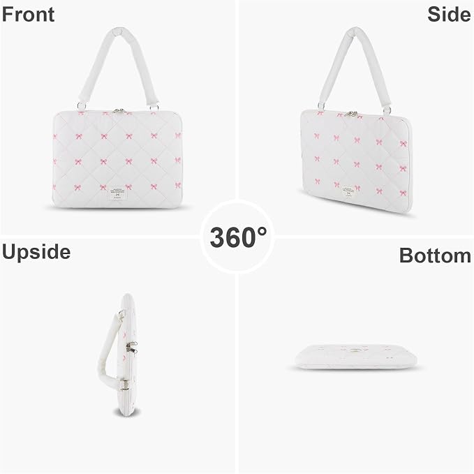 Cute Bow Laptop Case Coquette 13-15 Inch Puffy Laptop Sleeve Accessories Aesthetic Quilted Computer Bag for MacBook (White, 13-14inch)