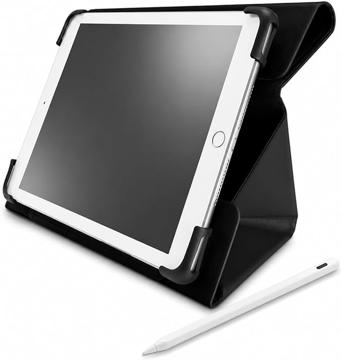 Insignia FlexView 10" Universal Folio Case (Black) with Active Stylus for iPad (White) – Adjustable Stand, Protective Cover, Touch Precision Pen