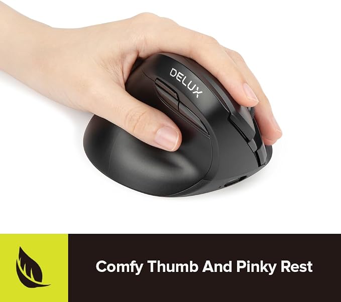 DELUX Left Handed Ergonomic Mouse, Mini Wireless Vertical Mouse, Silent Click Ergonomic Mouse, Up to 4000 DPI, 6 Buttons, Rechargeable, Bluetooth/2.4G/ Wired, Tri-Mode for Laptop/PC (M618ZD-Black)