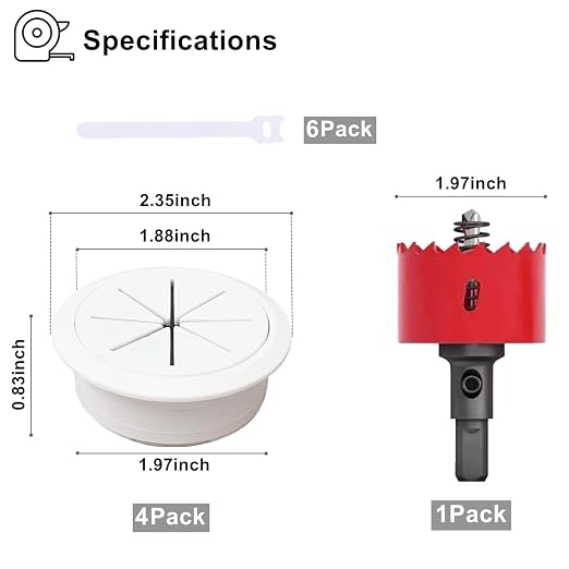 4 Pack Desk Grommet 2 Inch (50 mm) White, Desk Hole Cover for Cables, White Desk Cord Hole Cover for Office Home Table, Cable Grommet with 1 Hole Saw Drill Attachment & 6 Cable Ties