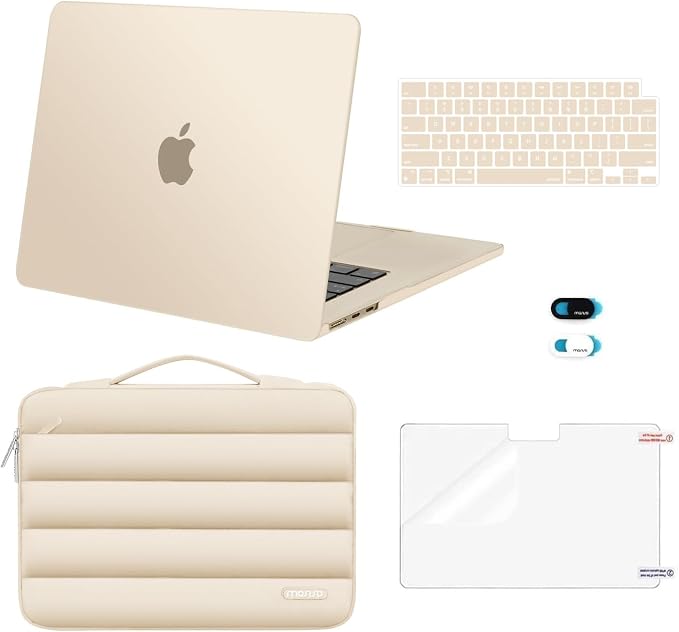 MOSISO Compatible with MacBook Air 15 inch Case M5 2026 M4 2025 M3 2024 M2 2023 A3448 A3241 A3114 A2941, Plastic Hard Shell Case&Puffy Sleeve Bag&Keyboard Skin&Webcam Cover&Screen Film, Starlight