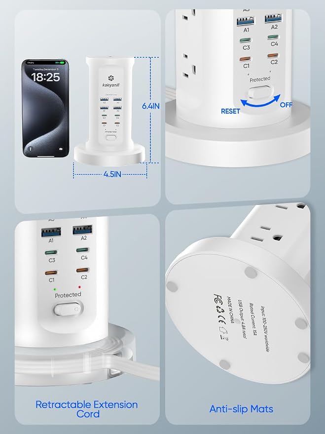 Kakyanill 30W USB Charging Station, Surge Protector Power Strip Tower, 9 AC Outlets with 8 USB Ports(4 USB-C), 6Ft Flat Plug Retractable Extension Cord, for Home Office Dorm, White
