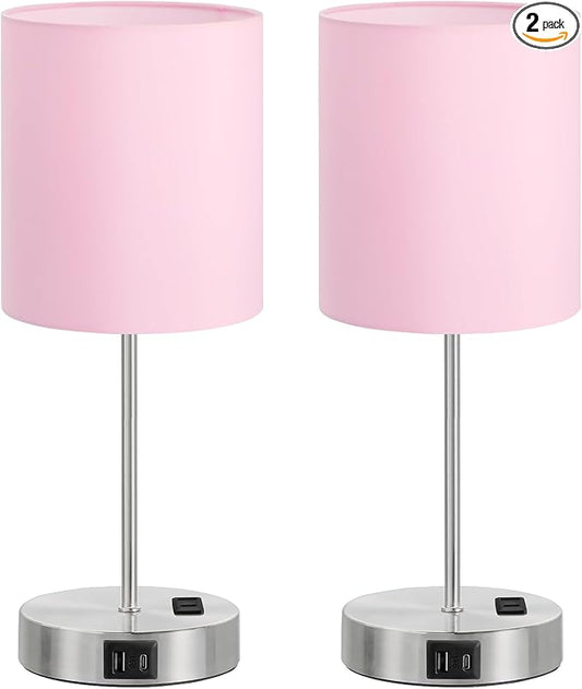 Pink Touch Lamps for Nightstand Set of 2 - Bedside Table Lamp for Bedroom with Dual USB Ports & AC Outlet, 3-Way Dimmable Lamps for Living Room Boys Room, Night Light with 5000K Daylight Bulbs