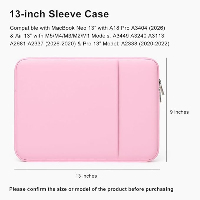 Laptop Sleeve for MacBook Neo/Air/Pro 13 inches A18/M5/M4/M3/M2/M1 Chip 2026-2020 A3404 A3449 A3240 A3113 with 2 Pockets Tablet Bag Case Accessories (Bright Pink)