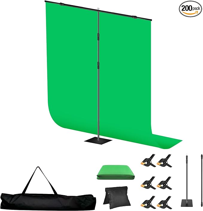 Green Screen BackdropKit, 8 * 5FT Metal Base Photo Studio Support System, Adjustable Backdrop Frame for Video Shooting, Live Streaming, Photo Studio, Content Creation and Virtual Backgrounds