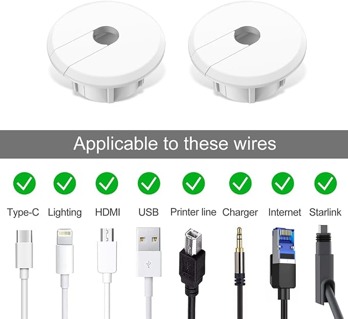 Furniture Wall Hole Bushing Cable Grommet for Starlink Ethernet Cable,Covering 3/4 inch Desk Holes,Universal Cable Management Wire Organizer Pass Through Holes Cover Kits (White - 2 Pack)