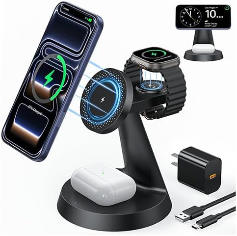 Meifigno 3 in 1 Magnetic Charging Station for Apple Devices, 15W Fast Wireless Charger Compatible with MagSafe Charging Stand for iPhone 17-12 Series, Watch Charger Stand for Apple Watch & Earbuds