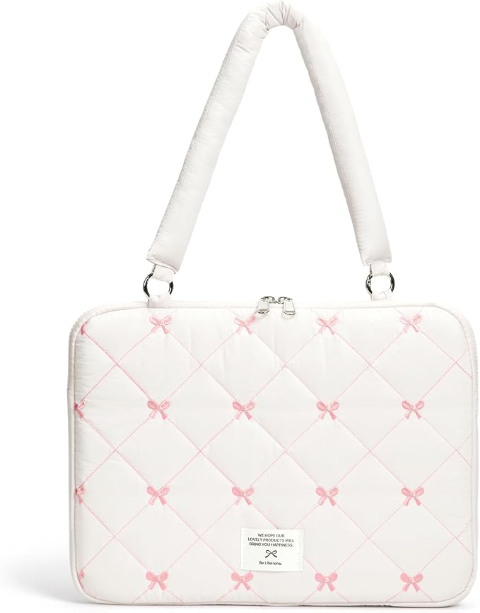 Cute Bow Laptop Case Coquette 13-15 Inch Puffy Laptop Sleeve Accessories Aesthetic Quilted Computer Bag for MacBook (White, 13-14inch)
