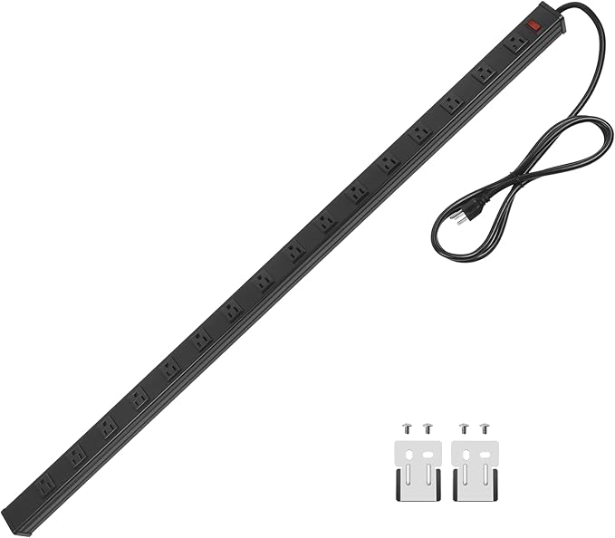 CCCEI Long Heavy Duty Metal Power Strip, 16 Outlet Large Industrial Multi Wide Strip for Garage Workshop, Extension Cord with Multiple Outlets, 15A, 125V, 1875W. 15 FT, Black.